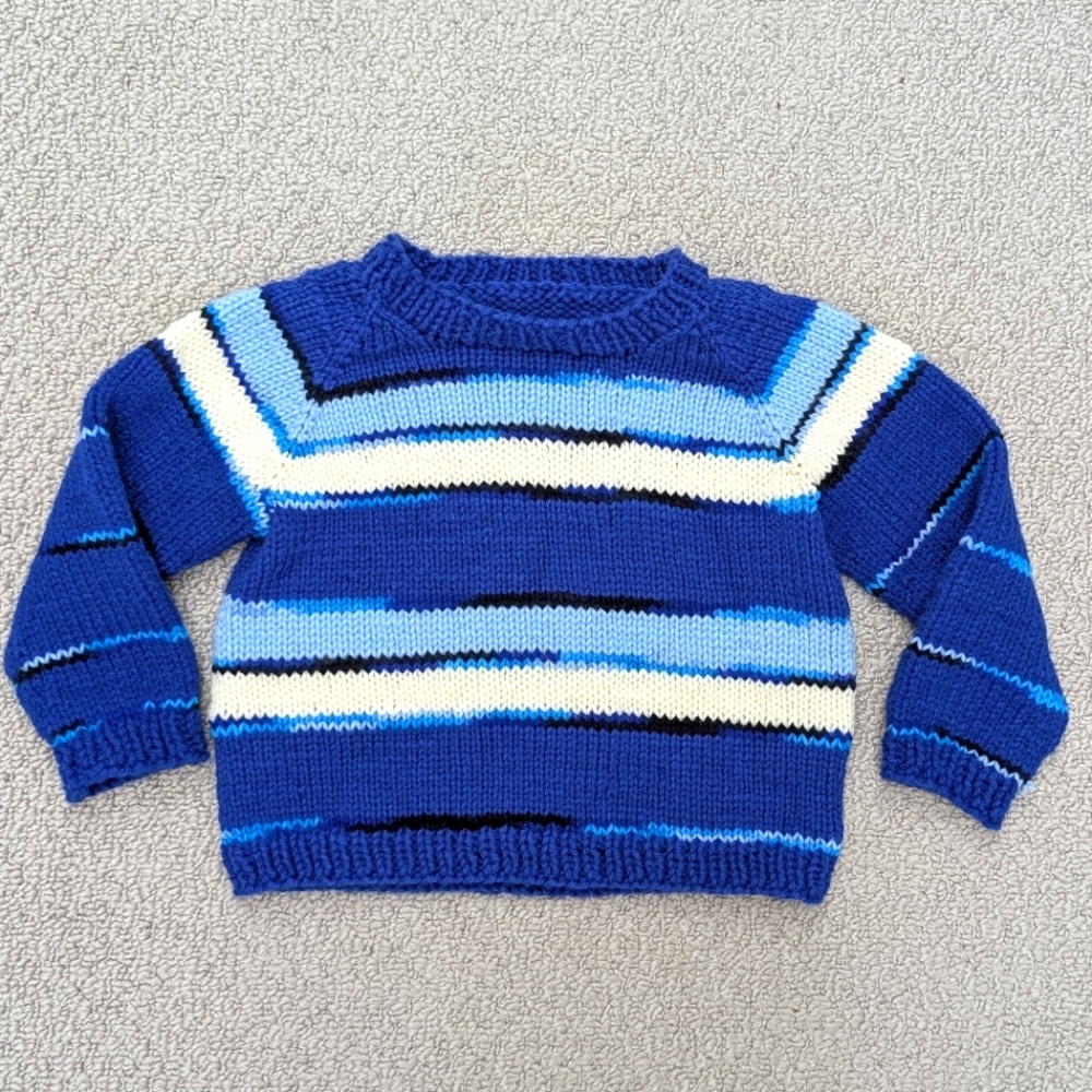 Kid's Small Medium Hand Knit Children's Blue White Striped Knit Acrylic Sweater